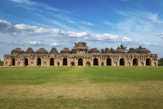 Ancient ruins of Elephant Stables, Royal Centre. Hampi, Karnataka, India. Stitched panorama