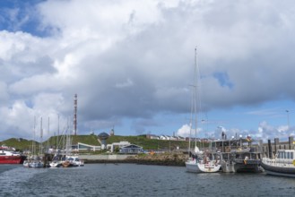 View from south-east to harbour facilities, Unterland and Oberland, offshore island Helgoland, blue