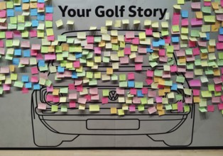 Your Golf Story, wall with many small colourful notes and car drawings, Autostadt, Volkswagen AG,