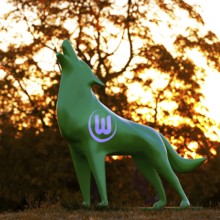 Green wolf sculpture with VfL Wolfsburg logo at sunset, Wolfsburg, Lower Saxony, Germany, Europe