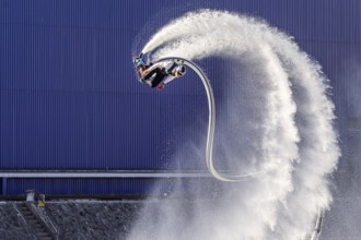 Harbour festival in Stuttgart. Spectacular jet ski and flyboard show on the Neckar. Stuttgart,