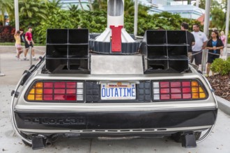 License plate on car from Back To The Future movies reads OUTATIME at Universal Studios theme park