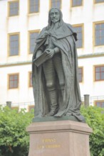 Monument to Duke Ernst I the Pious of Saxe-Gotha-Altenburg, sculpture with book and inscription,