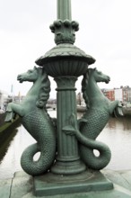 Seahorse lamp standards detail, Grattan Bridge, Dublin city centre, Ireland, Republic of Ireland,