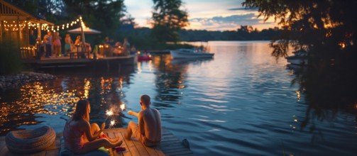 Families enjoing the holiday with outdoor fun and sparklers. generative AI, AI generated