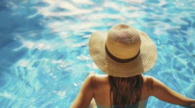 A woman in a straw hat and bikini top is swimming in a pool, AI generated