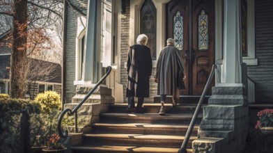 Senior adult couple arriving at A neighborhood church for services, generative AI, AI generated