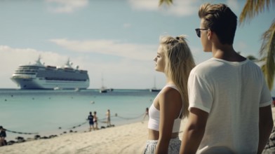 Young adult couple enjoying the beach view while their cruise ships waits in the ocean offshore,