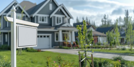 Blank real estate sign ready for your message in front of house. generative AI, AI generated