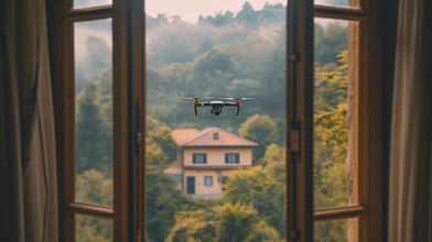 A UAV unmanned aircraft drone flying just outside the window of A house, AI generated