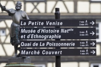 Signpost in the old town centre of Colmar, Haut-Rhin, Alsace, France, Europe