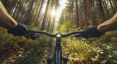 Off-road mountain sport bike riding over extreme rough terrain, AI generated