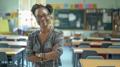 Proud smiling african american female teacher standing in her classroom. generative AI, AI