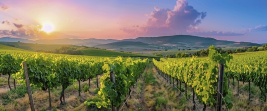 Scenic sunset over winery fields and grapevines that produce wine, Shiraz, Merlot, Cabernet, AI