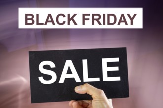 Black Friday symbol: BLACK FRIDAY lettering and a sign with the word SALE against an abstract