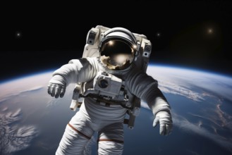 Astronaut Floating Above Earth in Space with extravehicular mobility unit and backpack. Wonder and