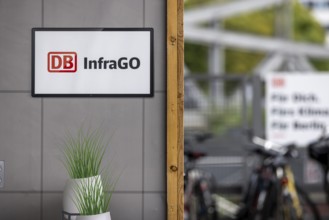 InfraGo. Logo of the infrastructure company of Bahn AG at Gesundbrunnen station in Berlin, Germany,