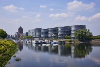 Office building and marina at the inner harbour in Duisburg, Ruhr area, independent city, North