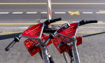 Red steering wheel from rental bikes, Berlin, Germany, Europe