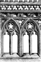 Gothic windows, architecture, tracery, arches, ornamentation, historical illustration 1880