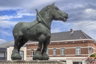 Prins, bronze statue of Brabant draft, draught horse by Belgian sculptor Koenraad Tinel at market