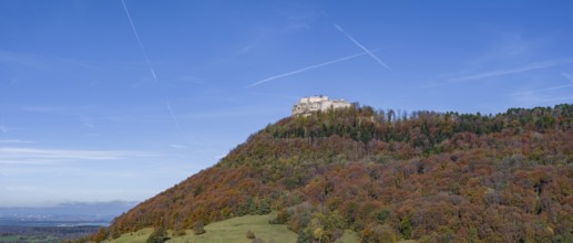 Hohenneuffen castle ruins in the Swabian Alb in autumn. Aerial view. Neuffen, Baden-Württemberg,