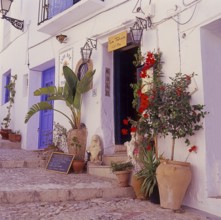 Entrance to a small alley cafe in Frigiliana, Malaga province, Andalucia, Spain, Southern Europe.