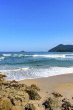 Deserted and preserved beach in Guaruja on the coast of Sao Paulo, Guaruja, Sao Paulo, Brazil,