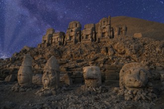 Mount Nemrut sanctuary, East terrace at night, Adiyaman province, Turkey, Asia