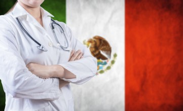 Doctor with arms crossed on Mexico flag background. Doctor with stethoscope on Mexican flag.