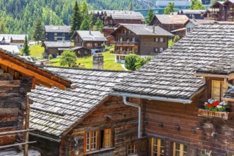 Old and new wooden houses in the historic village centre, Grimentz, Val d'Anniviers, Valais Alps,