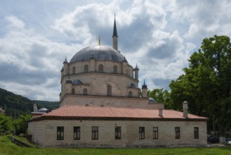 View of a mosque with dome and minaret, flanked by trees under a cloudy sky, Tombul Mosque, Sherif