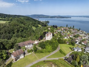 Aerial view of Salenstein Castle above the municipality of Mannenbach-Salenstein on western Lake