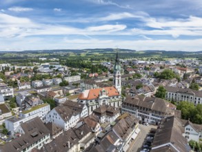 Aerial view, townscape, town centre, old town of Frauenfeld, with the town church of St. Nicholas,