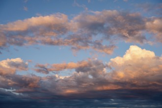 Clouds illuminated by the evening sun, Formatfilling, Baden-Württemberg, Germany, Europe