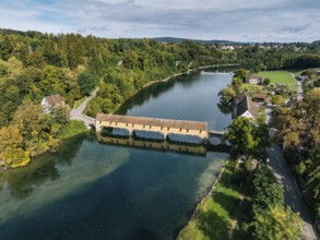 Aerial view of the covered Rhine bridge connecting the Swiss municipality of Rheinau and the German