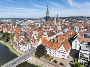 Aerial view of Ulm's historic city centre with the Danube and the cathedral, Ulm,