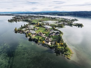 Aerial view of the north-western tip of the island of Reichenau in Lake Constance, with the