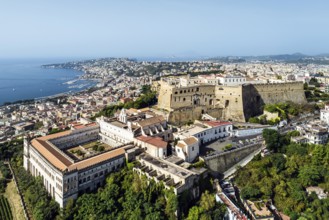 Castel Sant'Elmo and Charterhouse and Museum of San Martino from a drone, Campania, Italy, Europe