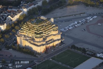 Aerial view of Grüner Bunker St. Pauli at sunset, Hamburg, Germany, Europe