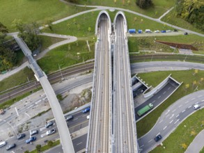 Deutsche Bahn AG's new Neckar Bridge, part of the Stuttgart 21 project. The tracks lead into the