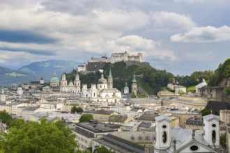 View of Salzburg with Hohensalzburg Fortress in the background and the historic city centre in the