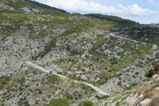 A winding serpentine road leads through a rocky mountain landscape with green grassy areas under a