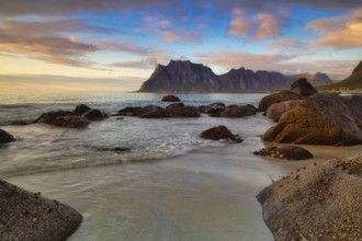 Evening atmosphere at Uttakleiv beach, Leknes, Nordland, Lofoten, Norway, Europe