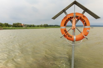 Lifebelt at the jetty at Frombork. Frombork is a town in northern Poland, situated on the Vistula