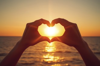 Two hands forming a heart shape, silhouetted against a breathtaking ocean sunset. Love and warmth