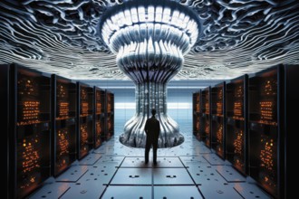 Futuristic data center driven by an artificial intelligence alien brain, AI generated