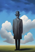 Surrealist representation of a man with black bowler hat, AI generated