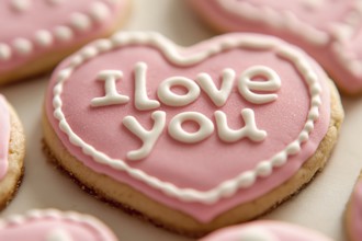 Close up of pink heart shaped Valentine's day cookie with white sugar icing text 'I love you'.