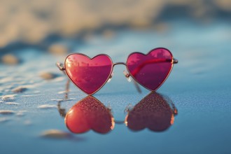 Pink heart shaped sunglasses in sand at beach. Generative Ai, AI generated